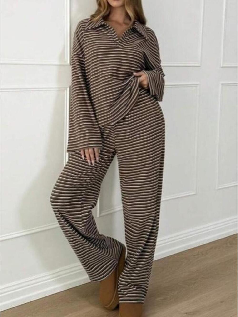 Chocolate Brown Striped Polo Two Piece Matching Set Size M